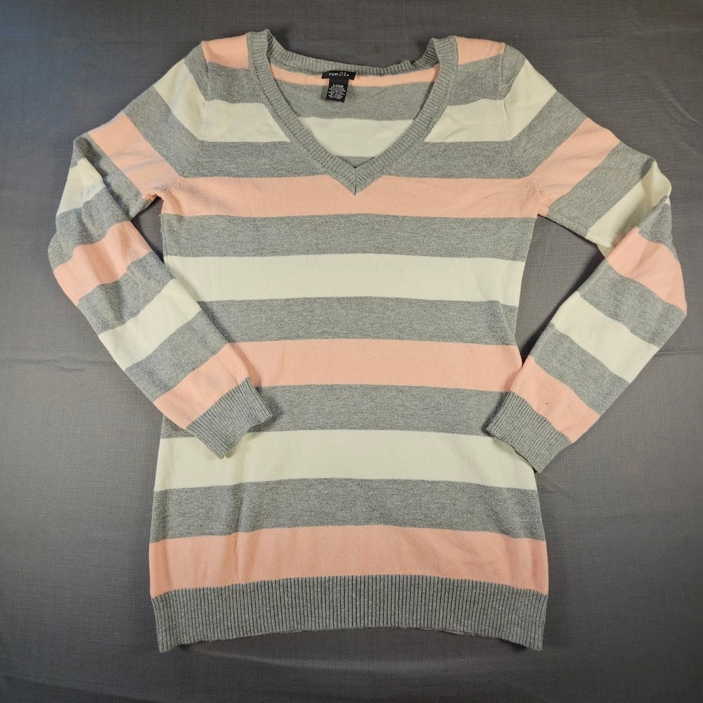 Rue21 Womens‎ V-Neck Striped Sweater Grey Pink White Long Sleeve Size LG RN7082